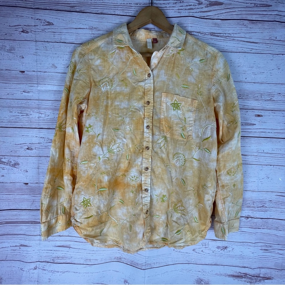 Anthropologie pilcro Yellow/orange tie dye Floral embroidered button shirt Sz S
